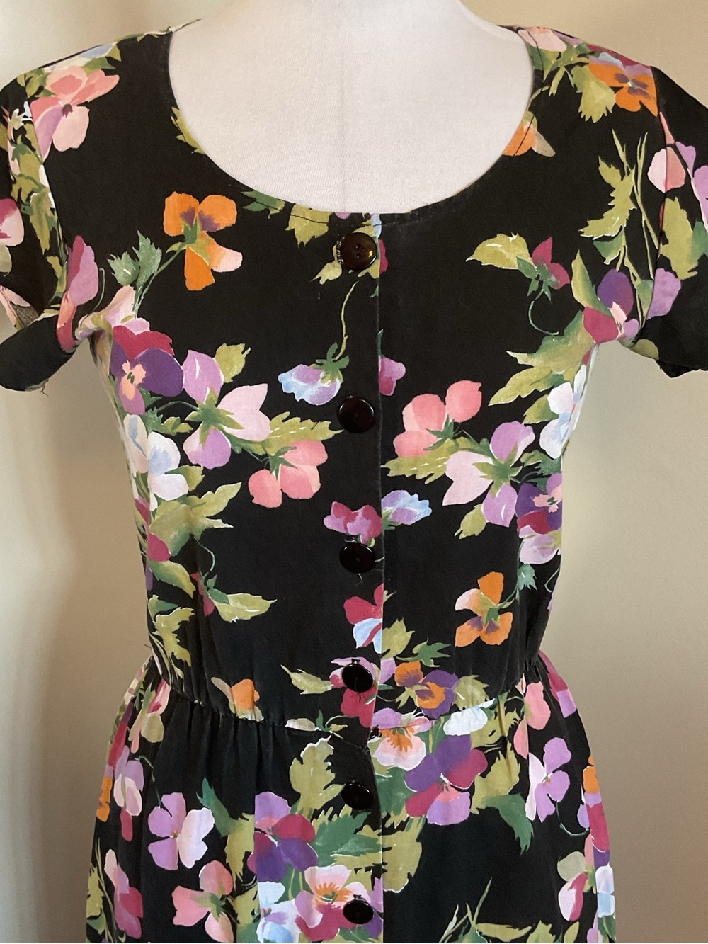 Vintage Avon Fashion Floral Midi Dress 7/8 Black Cotton Fit and Flare 90s - Picture 3 of 11